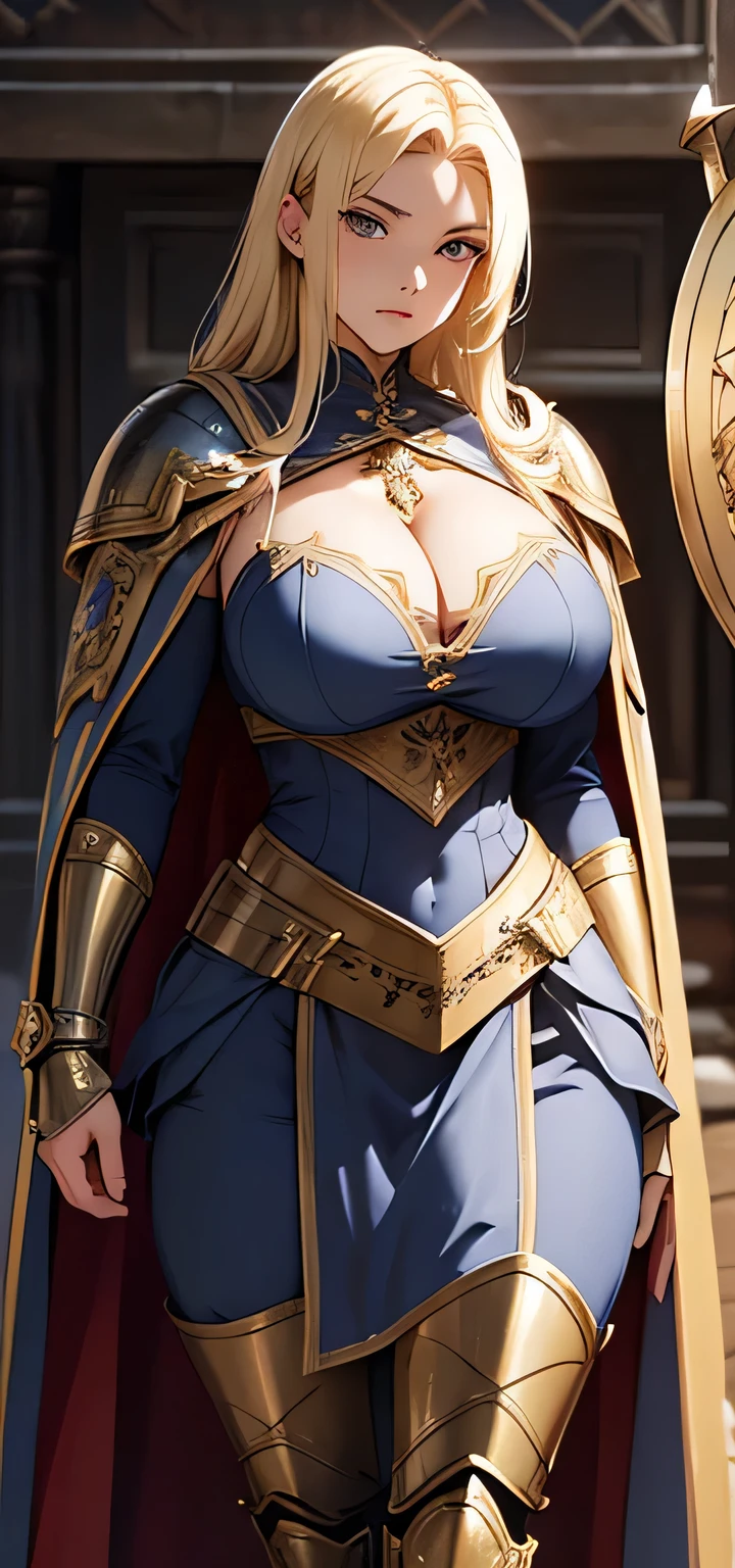 beautiful detailed 20 years old female, beautiful face, wearing Medieval Warrior Gear: Armor with a flowing cape, a sword, and a sturdy shield, combining both elegance and combat readiness, blonde hair, curvy body, ultra large sagging breasts, massive cleavage exposed, random expressions