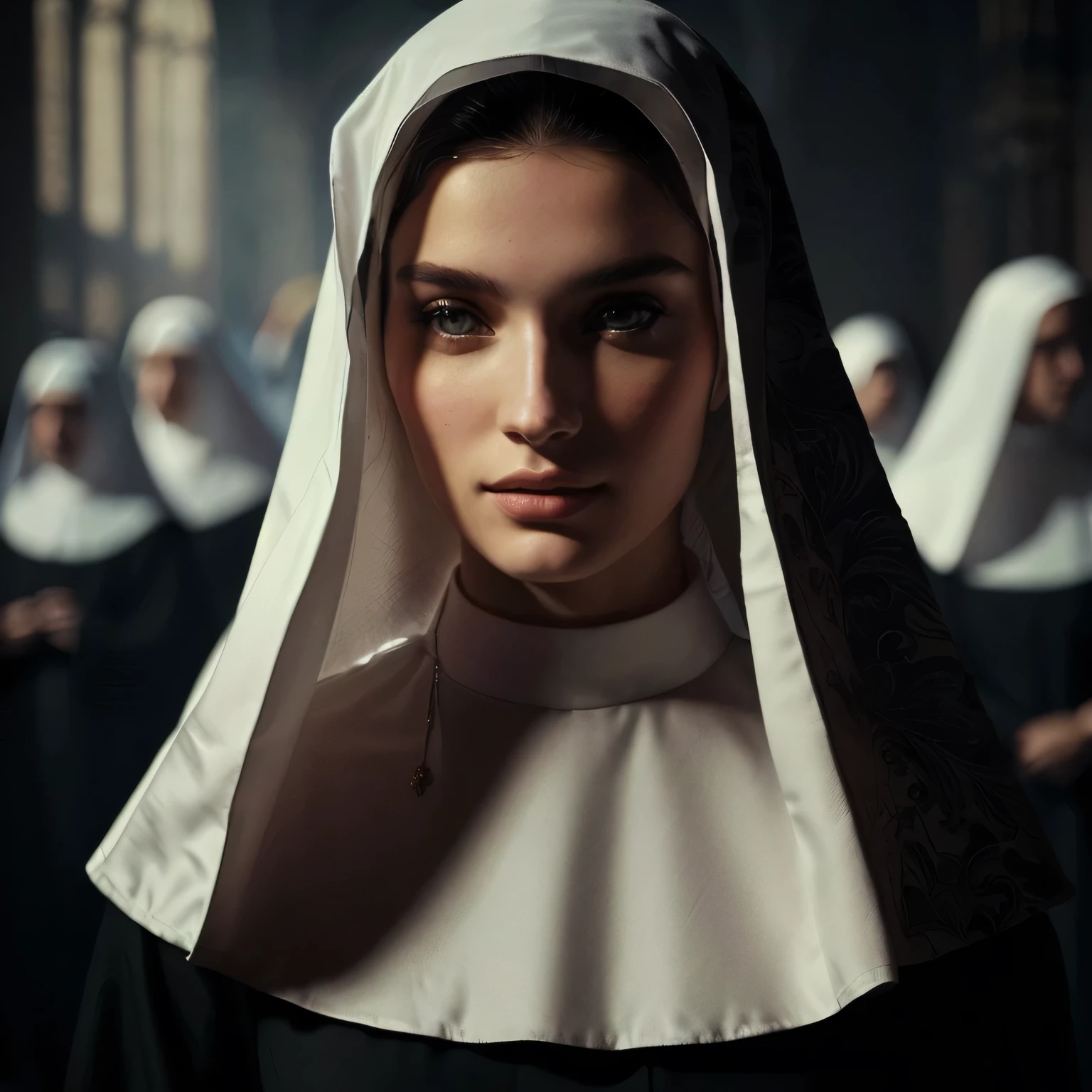 um close de uma mulher vestida de nun e com a cabeça coberta por uma nun, modelo de nun, modelo de nun looking up, nun, majestic holy woman, photo Alexei Gurylev, nun, Wojtek FUS, roupa de nun, photo Alexei Kurylev, alessio albi, por Artur Tarnowski