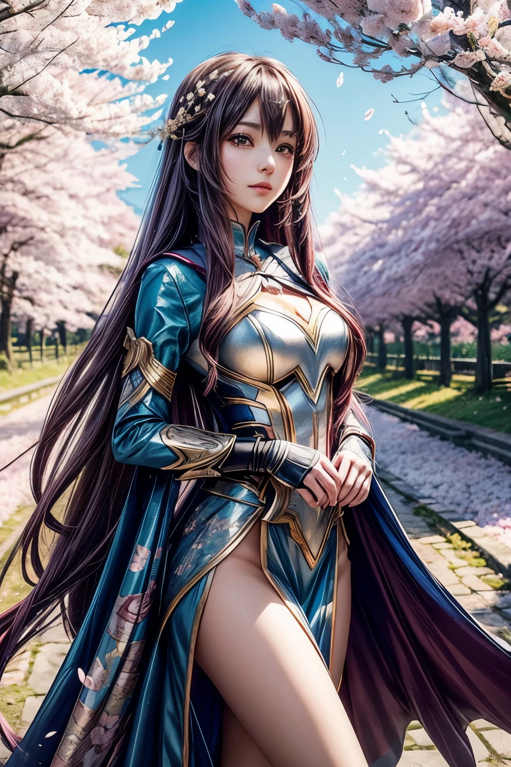 Create a beautiful picture of an anime girl with long, flowing hair, wearing a detailed superhero outfit. It stands in a picturesque landscape, which is surrounded by blooming cherry blossom trees. The scenery is dreamy and sparkling, with many small, glittering details, that make the picture a masterpiece.