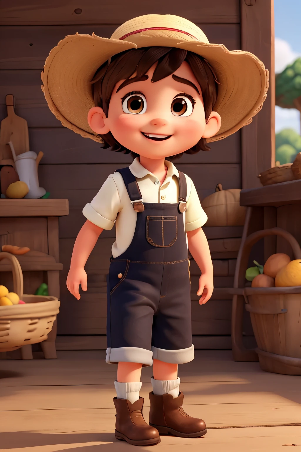 animated cartoon, drawing of a cute baby, Full-body image,  boy, 2 year old farmer, brown hair parted to the right, big dark brown eyes, rosy cheeks, skin fair, beautiful smile and front teeth, farmer dress with dungarees, green and white plaid blouse and straw hat with leather boots.