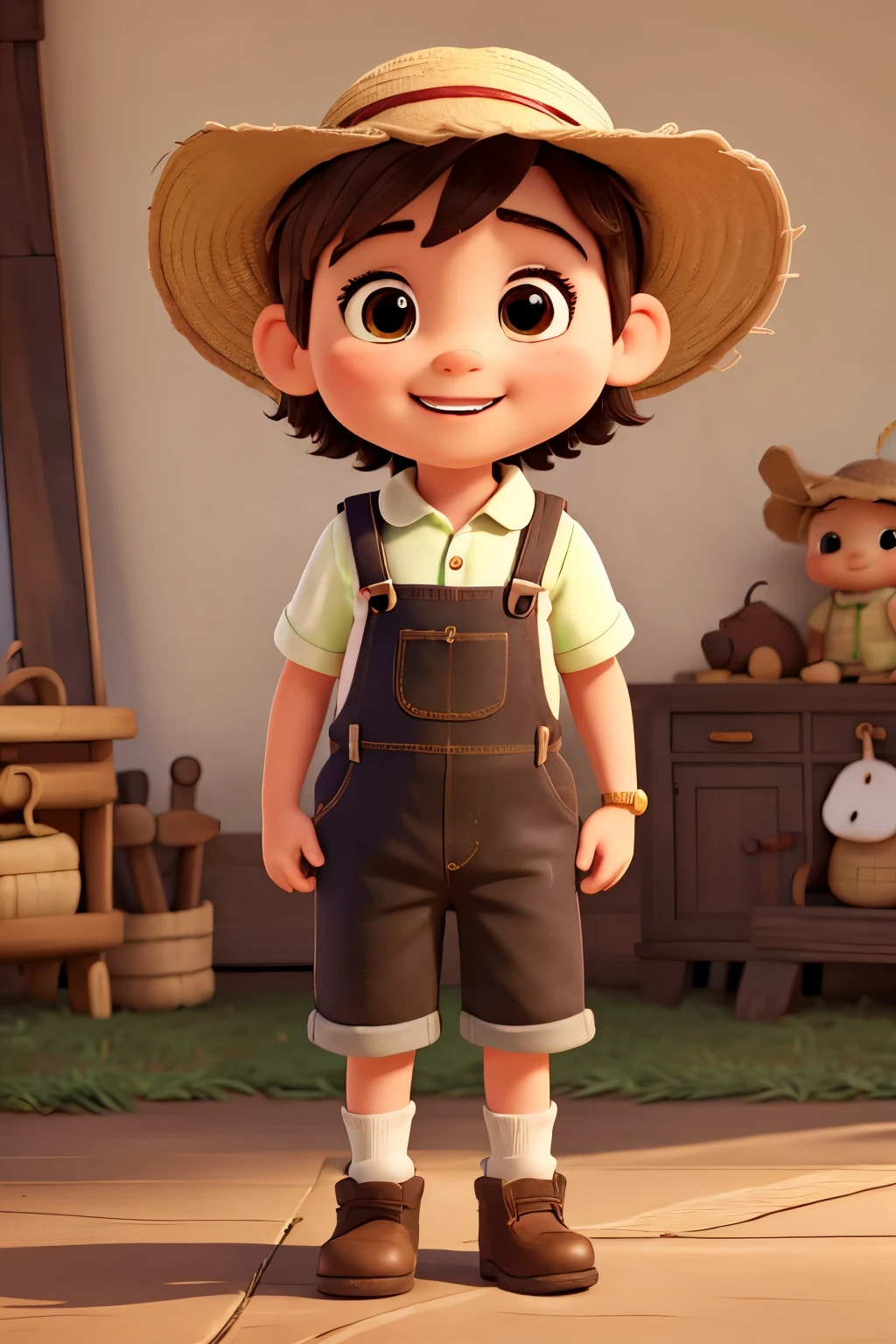 animated cartoon, drawing of a cute baby, Full-body image, boy, 2 year old farmer, brown hair parted to the right, big dark brown eyes, rosy cheeks, skin fair, beautiful smile and front teeth, farmer dress with dungarees, green and white plaid blouse and straw hat with leather boots.