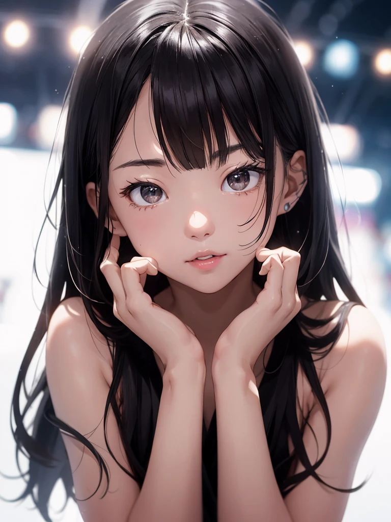 (masterpiece, best quality:1.4), 8k, 85mm, official art, absurdres, (downblouse:1.2), (from above:1.1), violaceaess, cute face, beautiful eyes, camisole, upper body, looking at viewer, short hair, bangs, small head, (smile:0.6), sharp focus, facelight, dynamic lighting, cinematic lighting, dramatic shadow, perspective, depth of field, highres, ultra detailed, finely detail, extremely detailed, detailed eyes and face, sharp pupils, realistic pupils, simple background, small waist, flare skirt