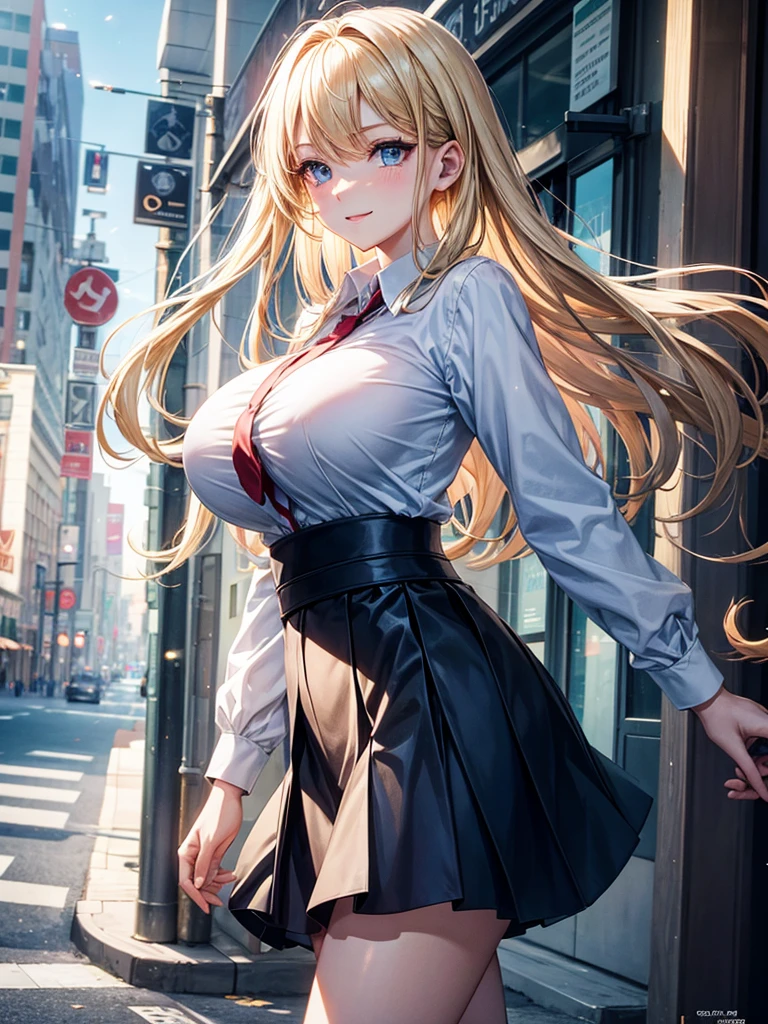 Anime style, super fine illustration, highly detailed, beautiful detailed, pale tone image, static representation, gentle expression, 8k, pretty 1girl with blonde straight short hair & blue eyes & a bright smile & huge breasts & soft fair skin is wearing a white business shirt & black tigft skirt & a business 1bag on the business building street, in the morning, brilliant particles of lights, romantic stories, solo, perfect fingers, perfect arms, perfect legs, masterpiece.