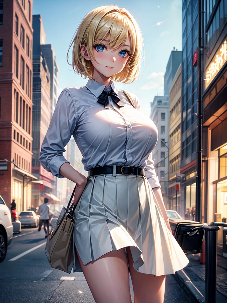 Anime style, super fine illustration, highly detailed, beautiful detailed, pale tone image, static representation, gentle expression, 8k, pretty 1girl with blonde straight short hair & blue eyes & a bright smile & full bust & soft fair skin is wearing big white business shirt not to show her skin & black tight skirt & 1business bag, on the business building street, in the morning, brilliant particles of lights, romantic stories, solo, perfect fingers, perfect arms, perfect legs, masterpiece.