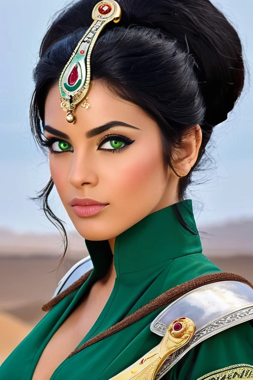 aida:gorgeous  woman, Arabic ,dressed in the F uniform.It is.p.It is. attached to uniform, worn and partially torn, with your breasts out, with blood stains, cutoff points, sparks or smoke coming from damaged areas. Add foliage to indicate an intense battle. Characteristics: sanguine (1.95m), age 28, olhos verdes esmeralda, black hair up to the waist, serene and curious expression, subtle scar on left cheek, pele caucasiana. Missiles: This is a sword made from metal extracted from meteorites, with shiny details and luminous veins. stance: Facing the reader, in a ready position, with his sword raised and an expression of determination.