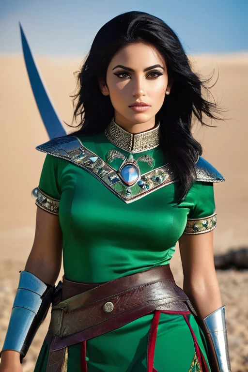 aida:gorgeous woman, Arabic ,dressed in the F uniform.It is.p.It is. attached to uniform, worn and partially torn, with your breasts out, with blood stains, cutoff points, sparks or smoke coming from damaged areas. Add foliage to indicate an intense battle. Characteristics: sanguine (1.95m), age 28, olhos verdes esmeralda, black hair up to the waist, serene and curious expression, subtle scar on left cheek, pele caucasiana. Missiles: This is a sword made from metal extracted from meteorites, with shiny details and luminous veins. stance: Facing the reader, in a ready position, with his sword raised and an expression of determination.