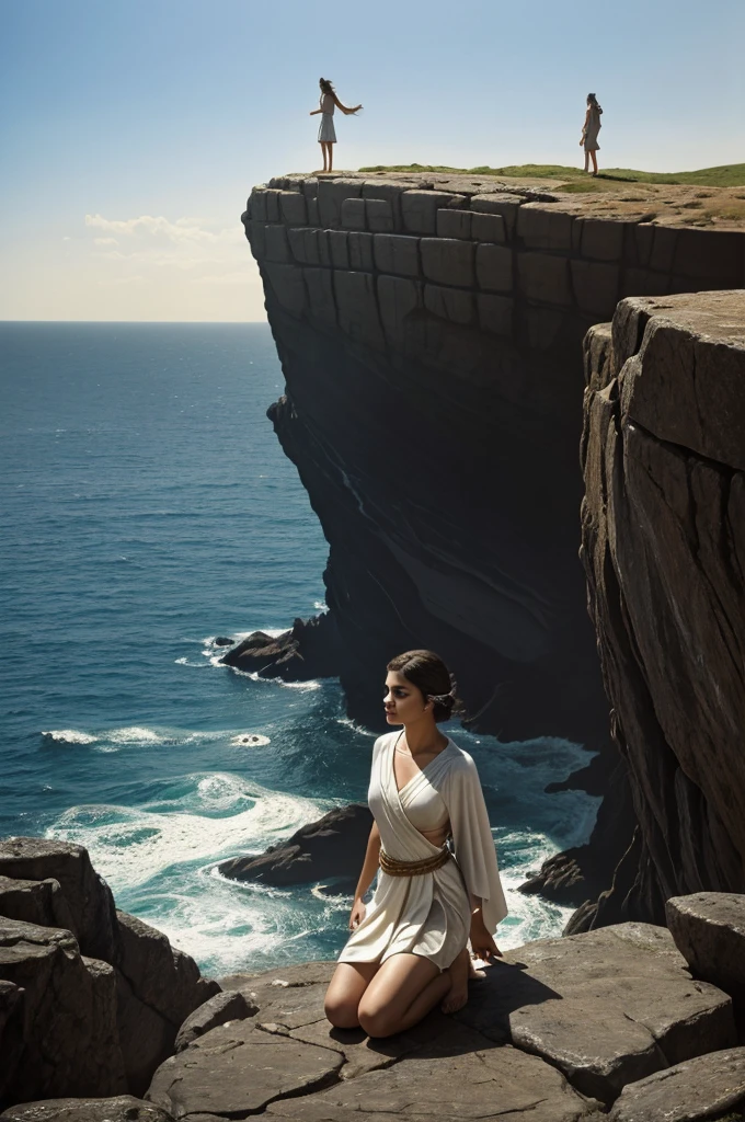 A dramatic photo-realistic painting, inspired by the painting “Andromeda chained to a rock”. Andromeda is a slim pretty 18-year-old Caucasian woman with short dark hair styled in a straight bob, kneeling on a rocky outcrop at the base of a cliff. She is wearing a short white pleated mini-toga. The sea is rough. Her toga is wet. She is looking brave. 