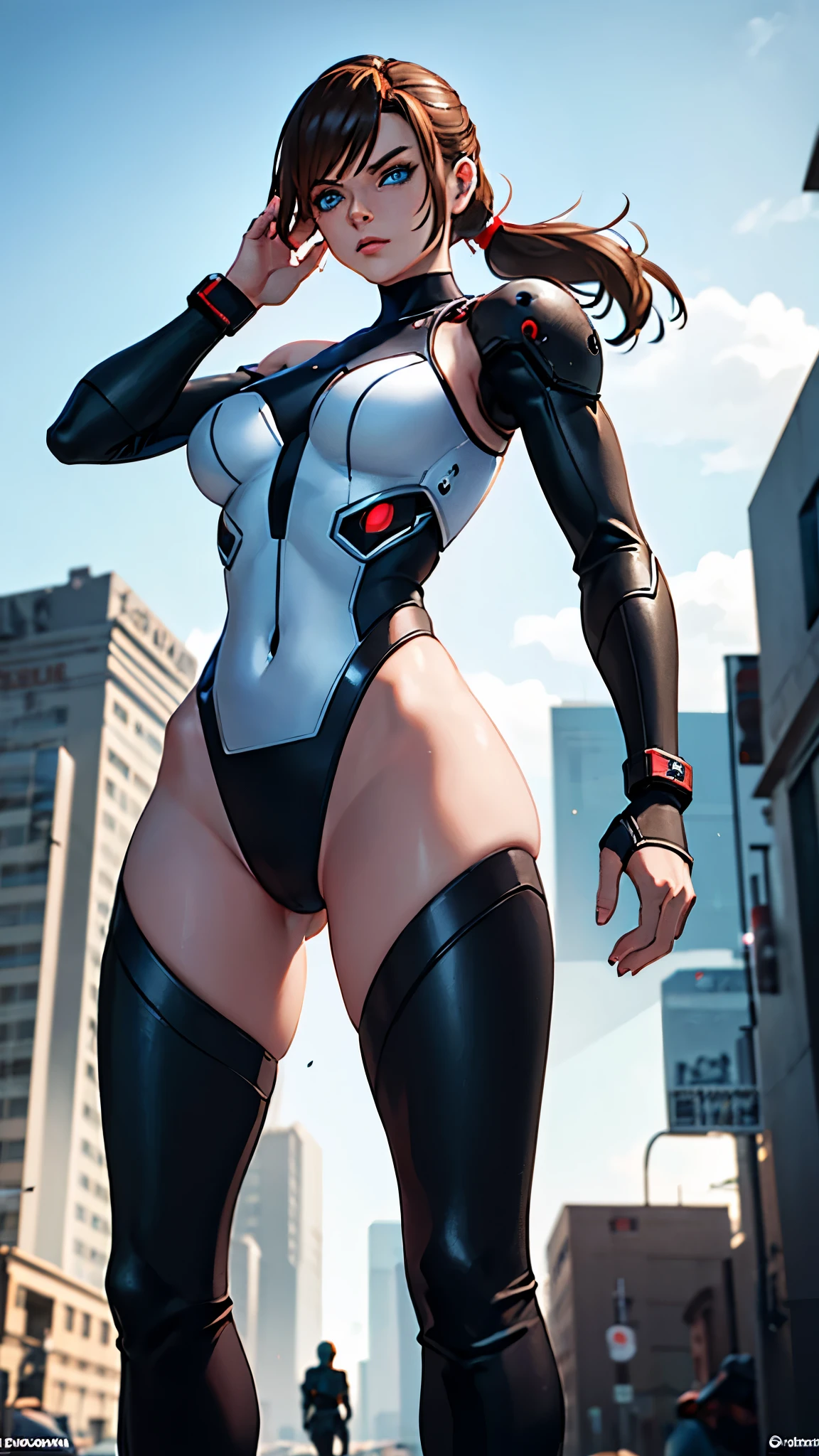 With a confident stance, the cyborg woman surveys her surroundings. Her piercing blue eyes scan the horizon, taking in every detail of the post-apocalyptic landscape. Her brown hair is pulled back into a ponytail, revealing the intricate circuitry and metal plating that covers her body. Despite her robotic enhancements, her medium-sized breasts are still visible, a reminder of her humanity. She wears a sleek bodysuit, a perfect blend of form and function, as she prepares for battle against the unknown.