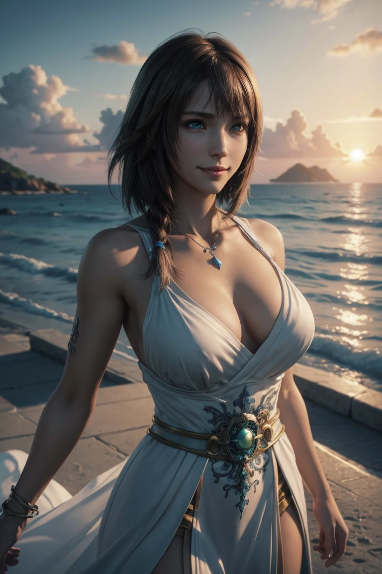 The best one,Yuna,Final Fantasy 10,FF10,Medium Hair,Brown hair,Let your bangs down,Beautiful green and blue odd eyes,,Beautiful and tall nose,Photorealistic,Ultra HD,high quality,masterpiece,Digital SLR,Detailed details,Intricate details,Anatomical basis,Depicted in detail,A detailed face,Realistic skin texture,Vivid details,Perfect Anatomy,Perfect Anatomy,Anatomically correct hand,Anatomically correct fingers,Super Detail,Complex 3D rendering,Huge ,Sexy pose,Final Fantasy 10の美しい世界,White long dress,White Hat,Beautiful sunset,Beautiful beach at sunset,Fantastic beaches,Fantasy worldview,Picturesque,Pink Lips,smile,