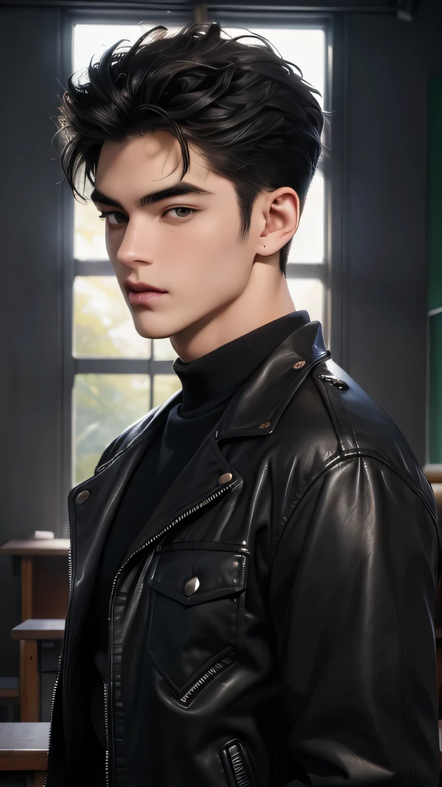 ((best qualityer)), ((work of art)), (detailded), ((face perfect)), ((halfbody)) perfect proportions ,He is a handsome student, brawny, 18 years old, Bblack hair, topless student uniform, black leather jacket, hand in pocket, piercing, there is a background of a detailded school room with colorful vibe ((face perfect)) detailded scenery