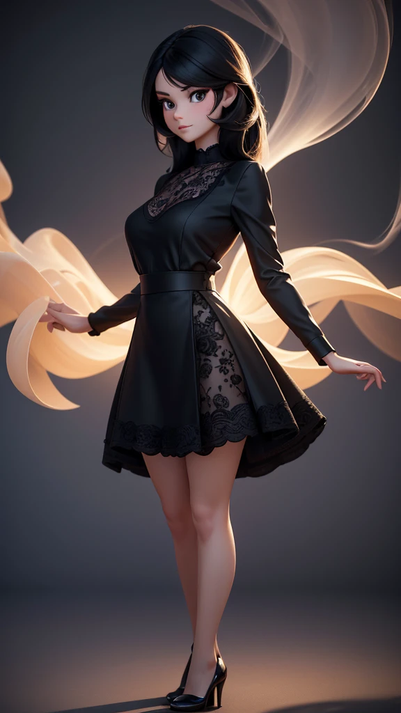 (masterpiece),((High quality)),(best beautiful:1.2),(work of art),((3D stereoscopic face)),8k resolution, (Disney-style), modern girl with a neutral face expression, directly facing the camera, her entire body facing the camera, straight long black hair, no blush, wearing a sleek black lace top, standing on a modern stage, looking directly at the camera, the background is blurry and mysterious, illuminated by light, neutral expression, artistic design, three dimensional, full-body view, ((The side is full of smoke)),