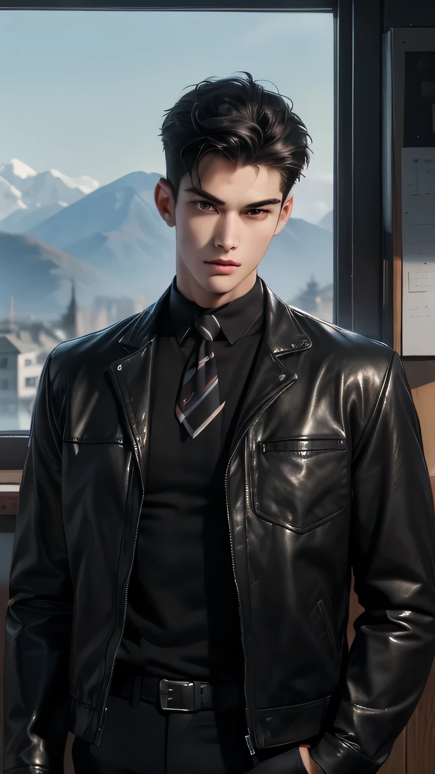 ((best qualityer)), ((work of art)), (detailded), ((face perfect)), ((halfbody)) perfect proportions ,He is a handsome student, brawny, 18 years old, Bblack hair, topless student uniform, black leather jacket, hand in pocket, piercing, there is a background of a detailded school room with colorful vibe ((face perfect)) detailded scenery