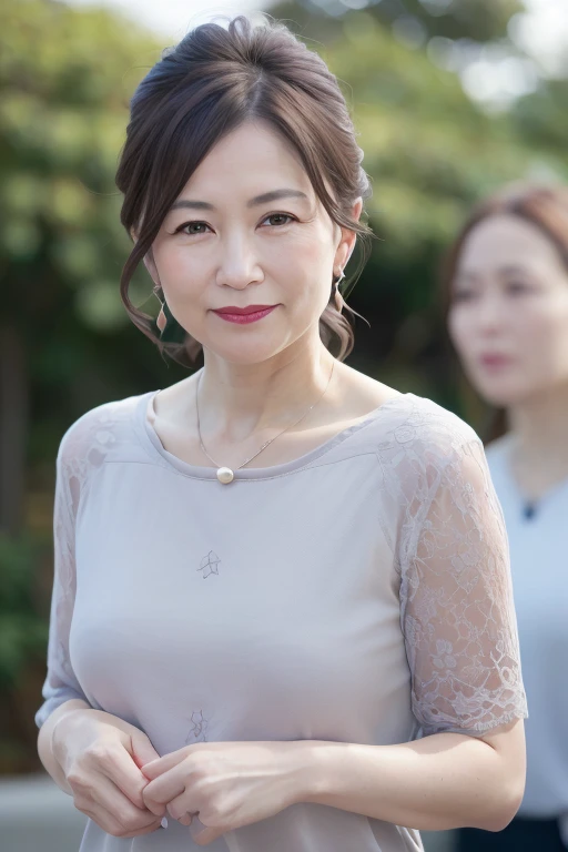[Core Concept] A beautifully mature 55-year-old Japanese woman, a married woman, with delicate features and an elegant, refined presence.

[Character Description] She has a slim, graceful figure, with long, lush eyelashes framing her sparkling eyes. Her short, chin-length bob frames her face, and a decorative hair accessory adds a touch of elegance. Her lips are painted with a striking red lipstick, and a subtle blush graces her cheeks.

[Environment/Background] The setting is not specified, allowing the focus to remain on the woman's captivating presence.

[Style and Atmosphere] The overall atmosphere is one of refined elegance and subtle sensuality, with a touch of maturity and sophistication.

[Composition] The composition may be a close-up or medium shot, highlighting the woman's facial features and upper body, drawing the viewer's attention to her alluring yet dignified expression.

[Details and Embellishments] She wears a pearl necklace and earrings, adding to the sense of refined sophistication. The viewer is also presented with a vision of the woman in a tight-fitting white leotard, which reveals the contours of her small, flat chest.

[Technical Specifications] The image is requested to be of the highest quality, with a resolution of 4K or 8K, resulting in a stunning, detailed, and lifelike representation of the subject.