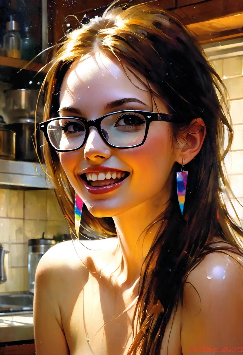 very sexy girl, long straight brown hair, colorful earrings, big square glasses, naked, in the kitchen, small breasts, adorable, smiles, looking down on, cum_in_mouth, cum_on_tongue, facial, bukkake, oil painting, chiaroscuro , sensual and dramatic lighting, melancholic, photorealistic atmosphere, full of semen, Bill Sienkiewicz inspired art
