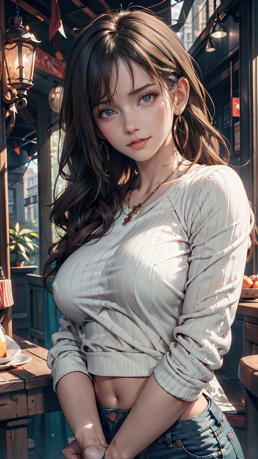 (masterpiece:1.2, Highest quality), 1 Female, alone, Upper Body, Big Breasts, dark wash skinny jeans, Oversized sweater, Ankle boots, Loose waves, Center Part, Simple hoop earrings, green park