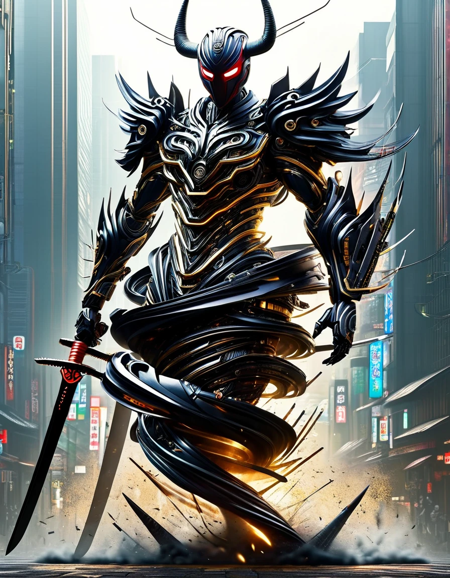 araffe dressed in a black suit holding a sword and a sword, cyborg samurai, cyber japan samurai armor, cyberpunk samurai, very beautiful cyberpunk samurai, full samurai armor spiderman, bio - mechanical ninja samurai, portrait of a cyberpunk samurai, cyber japan style armor, cyber japan armor, celtic and cyberpunk armor, black bull samurai, intricate assasin mecha armor