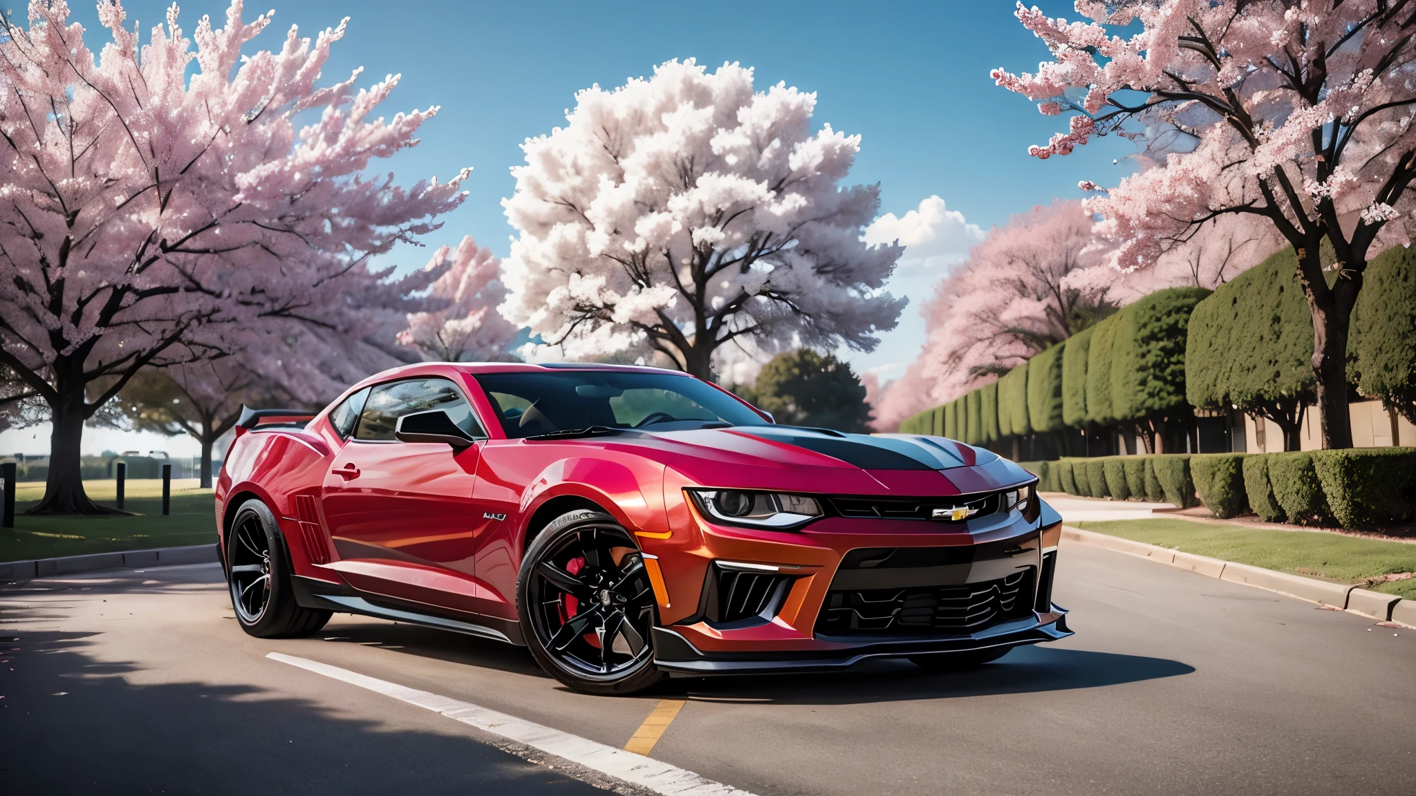 Chevrolet Camaro ZL1 2009 under a cherry blossom tree