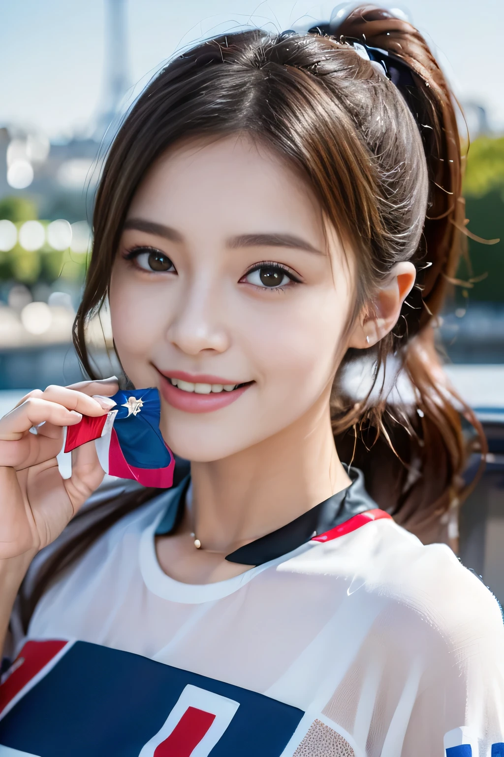 (((Women supporting the Paris Olympics:1.3))),(((Paris cityscape))),(((French flag themed costume:1.3))),((smile:1.3))),(Tricolor),(masterpiece,Highest quality,Ultra-high resolution output images,Write Boundary Depth,Intricate details,Add depth to your subject with contrast between light and shadow,Anatomically correct facial structure),(Picture Mode Ultra HD,)