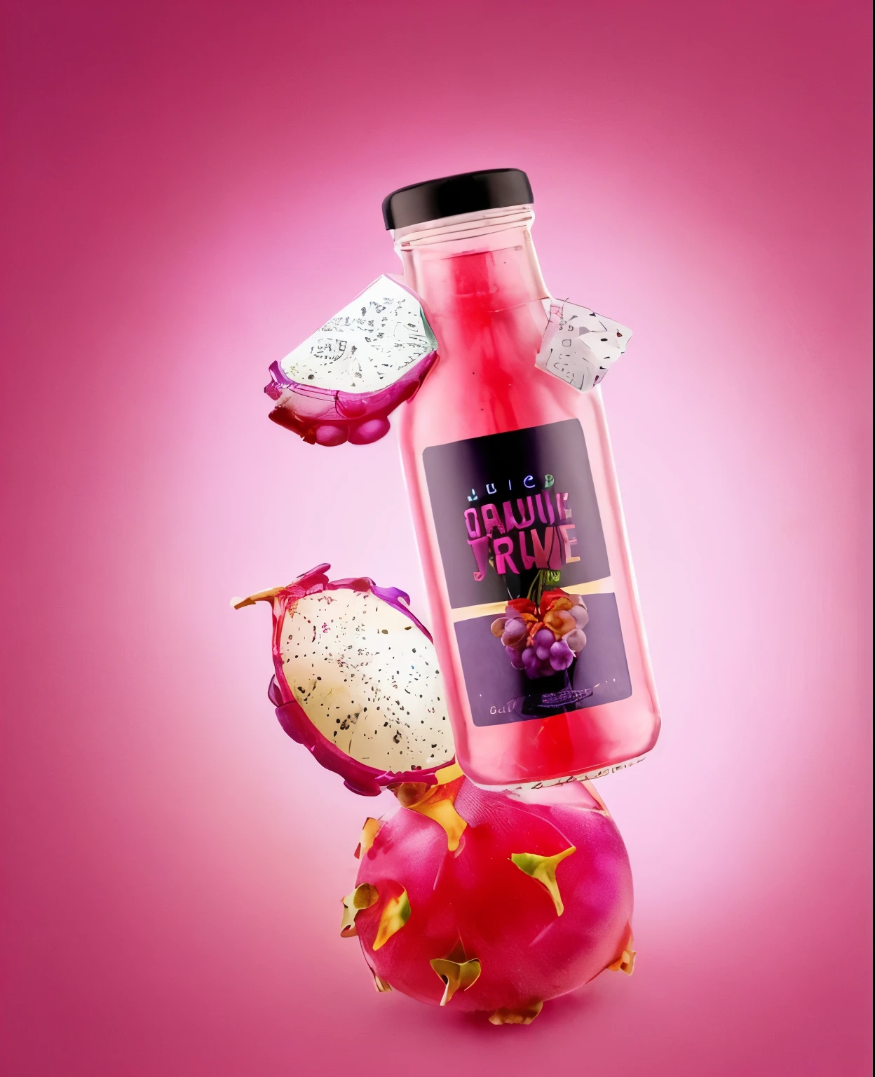 A bottle of grape-flavored juice, with a vibrant purple background. The liquid inside the bottle is purple in color, and around the bottle are pieces of fresh, juicy grapes. The bottle is floating in the air with a modern and attractive design. The bottle label has the image of grapes and the text 'JUICE GRAPE' in large, eye-catching letters. The image should convey a feeling of freshness and energy.