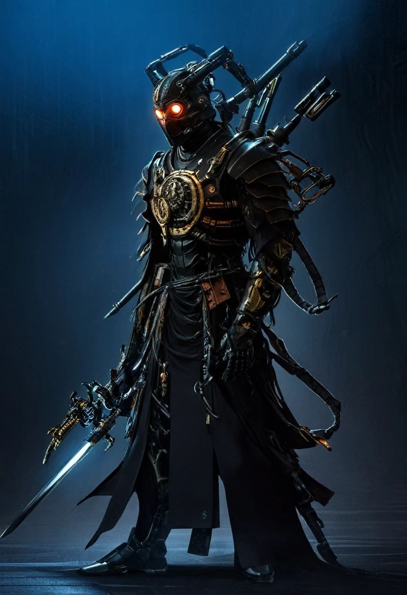 araffe dressed in a black suit holding a sword and a sword, cyborg samurai, cyber japan samurai armor, cyberpunk samurai, very beautiful cyberpunk samurai, full samurai armor spiderman, bio - mechanical ninja samurai, portrait of a cyberpunk samurai, cyber japan style armor, cyber japan armor, celtic and cyberpunk armor, black bull samurai, intricate assasin mecha armor