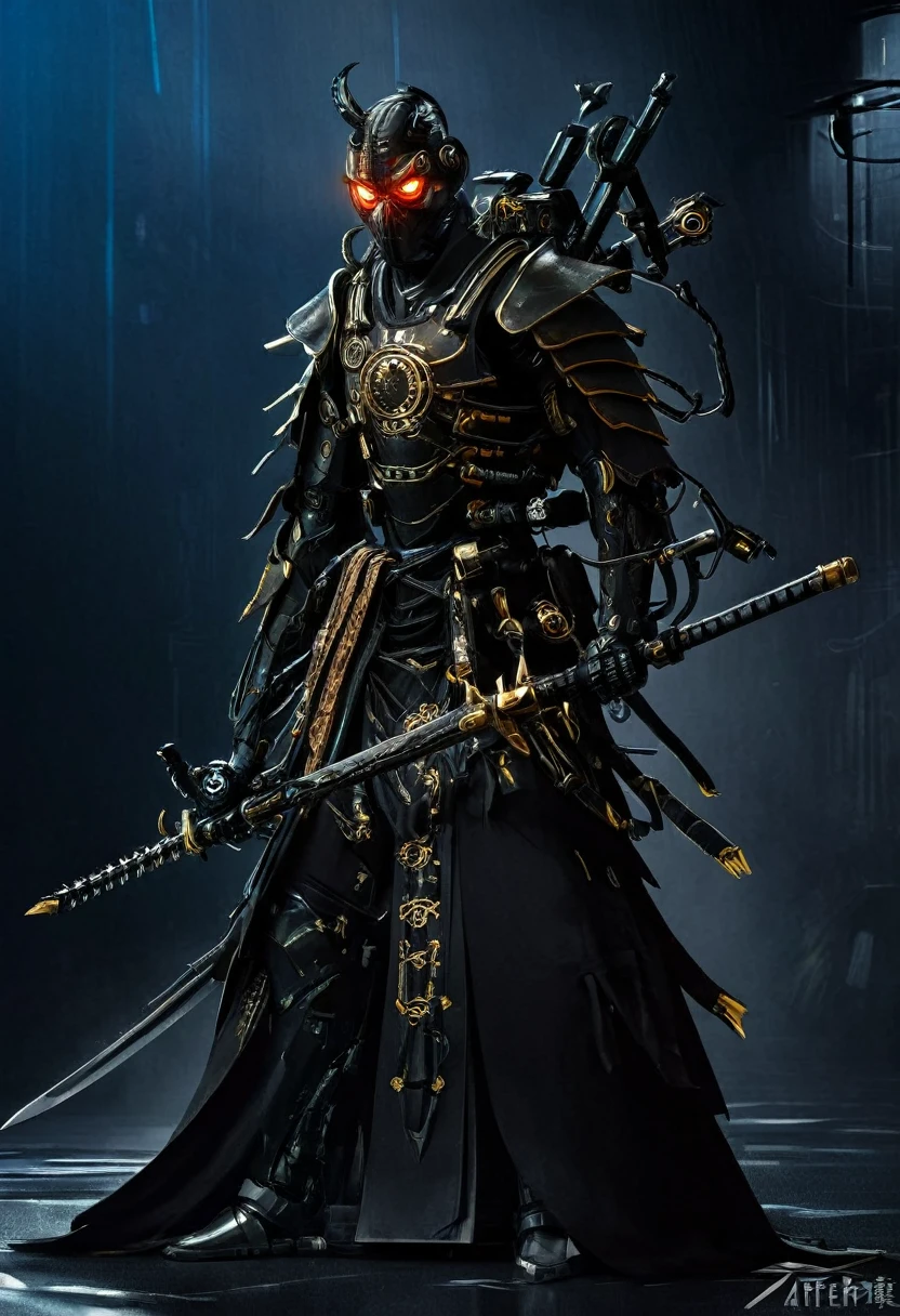 araffe dressed in a black suit holding a sword and a sword, cyborg samurai, cyber japan samurai armor, cyberpunk samurai, very beautiful cyberpunk samurai, full samurai armor spiderman, bio - mechanical ninja samurai, portrait of a cyberpunk samurai, cyber japan style armor, cyber japan armor, celtic and cyberpunk armor, black bull samurai, intricate assasin mecha armor