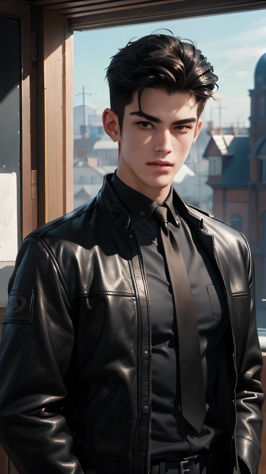 ((best qualityer)), ((work of art)), (detailded), ((face perfect)), ((halfbody)) perfect proportions ,He is a handsome student, brawny, 18 years old, Bblack hair, topless student uniform, black leather jacket, hand in pocket, piercing, there is a background of a detailded school room with colorful vibe ((face perfect)) detailded scenery