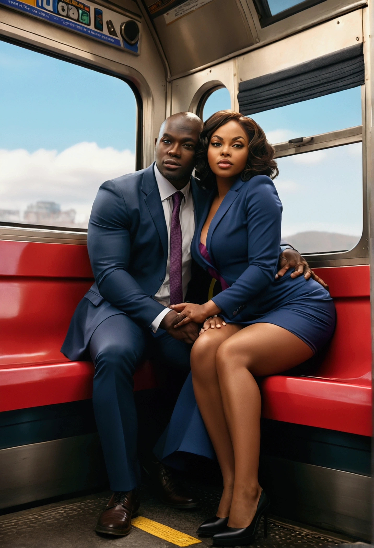 "(masterpiece, High resolution, Ultra High resolution, 4k) irish man WITH an African American black woman, skirt, thighs, big butt, juicy ass, bubble butt, HUGE BUTT, spreading cheeks Low - Angle, put your feet on the floor of the train, Watch only the viewer", highest quality, 超High resolution, (realistic: 1.4), High resolution, detailed, RAW photo, Shapuri, Nikon D850 Film Stock Photo by Lee Jefferies 4 Kodak Portra 400 Camera F1.6 lenses rich colors real, real texture dramatic lighting station trends sinister 800,