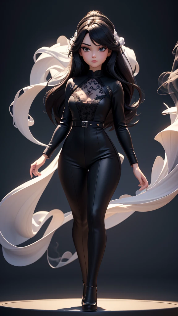 (masterpiece),((High quality)),(best beautiful:1.2),(work of art),((3D stereoscopic face)),8k resolution, (Disney-style), modern girl with a neutral face expression, front view, her entire body facing the camera, straight long black hair, no blush, wearing a sleek black lace top, standing on a modern stage, looking directly at the camera, the background is blurry and mysterious, illuminated by light, neutral expression, artistic design, three dimensional, full-body view, ((The side is full of smoke)),