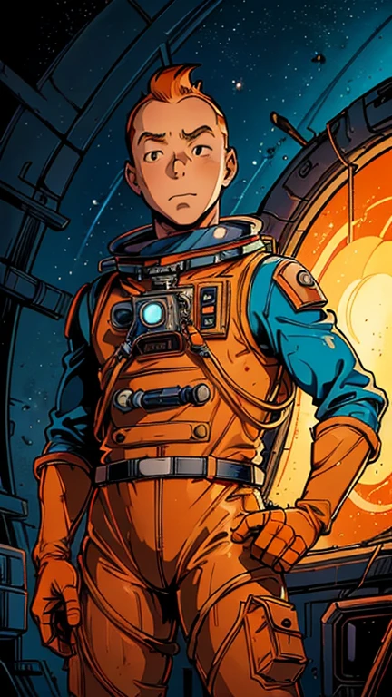 (Teens:1man: Tintin), (extremely detailed CG unit 8k wallpaper),(master part), (best quality), (ultra detali), (best illustration),(steveditko), cowboy shot, (Sharp eyeliner, ombre, detailed eyes:1),Dark midnight derelict spaceship interiors background, ,break , (astronaut in an orange space suit), upper body, short hair, orange hair