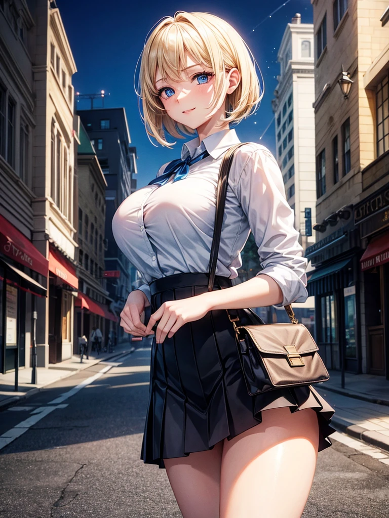 Anime style, super fine illustration, highly detailed, beautiful detailed, pale tone image, static representation, gentle expression, 8k, pretty 1girl with blonde straight short hair & blue eyes & a bright smile & huge breasts & soft fair skin is wearing a white business shirt & black tigft skirt & a business 1bag on the business building street, in the morning, brilliant particles of lights, romantic stories, solo, perfect fingers, perfect arms, perfect legs, masterpiece.
