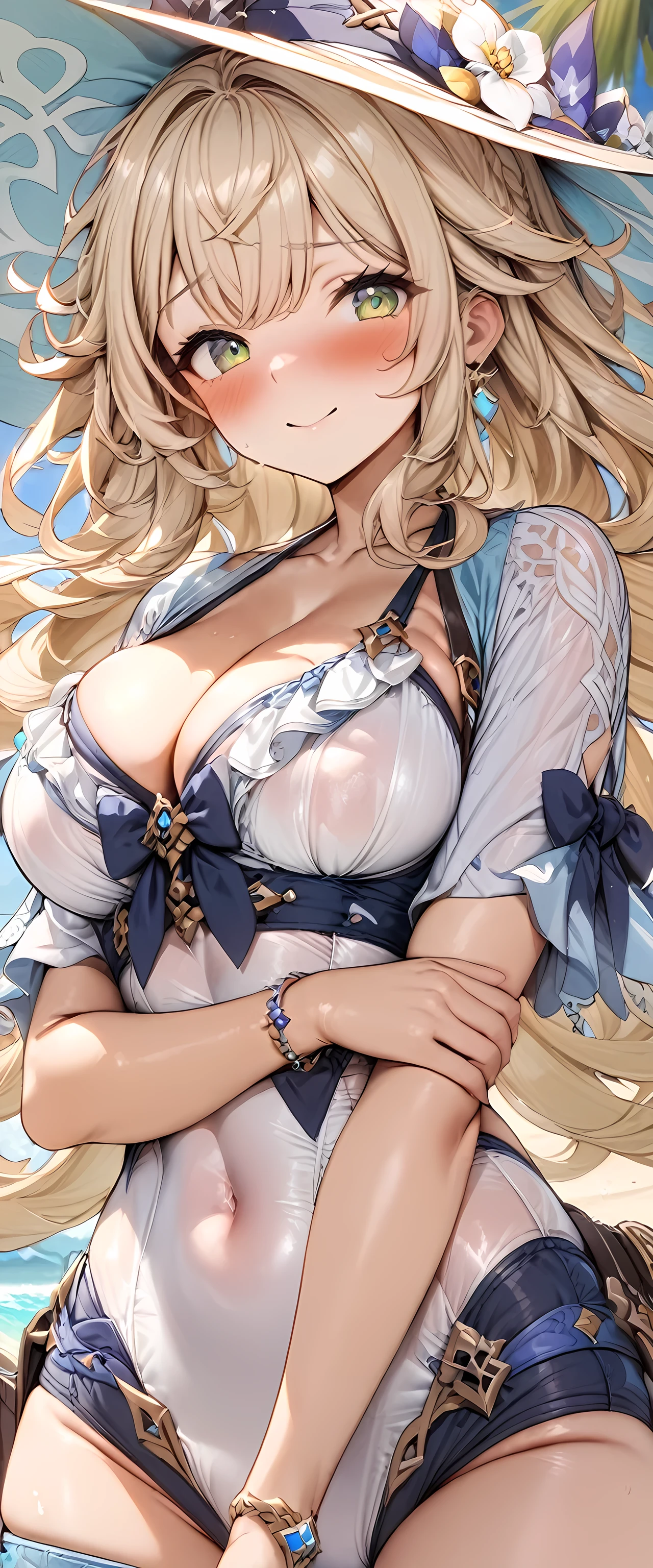 Facial expression, grimace, blonde hair, blue eyes, pink dress, frills, big thighs, (breasts), cleavage, oily skin, navel, (white socks: 1.2)