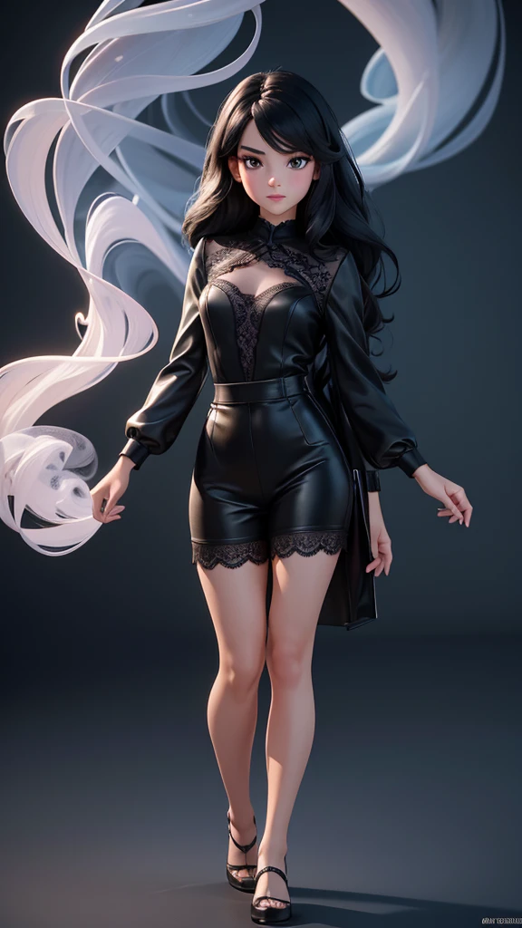 (masterpiece),((High quality)),(best beautiful:1.2),(work of art),((3D stereoscopic face)),8k resolution, (Disney-style), modern girl with a neutral face expression, front view, her entire body facing the camera, straight long black hair, no blush, wearing a sleek black lace top, standing on a modern stage, close up short, looking directly at the camera, the background is blurry and mysterious, illuminated by light, neutral expression, artistic design, three dimensional, full-body view, ((The side is full of smoke)),