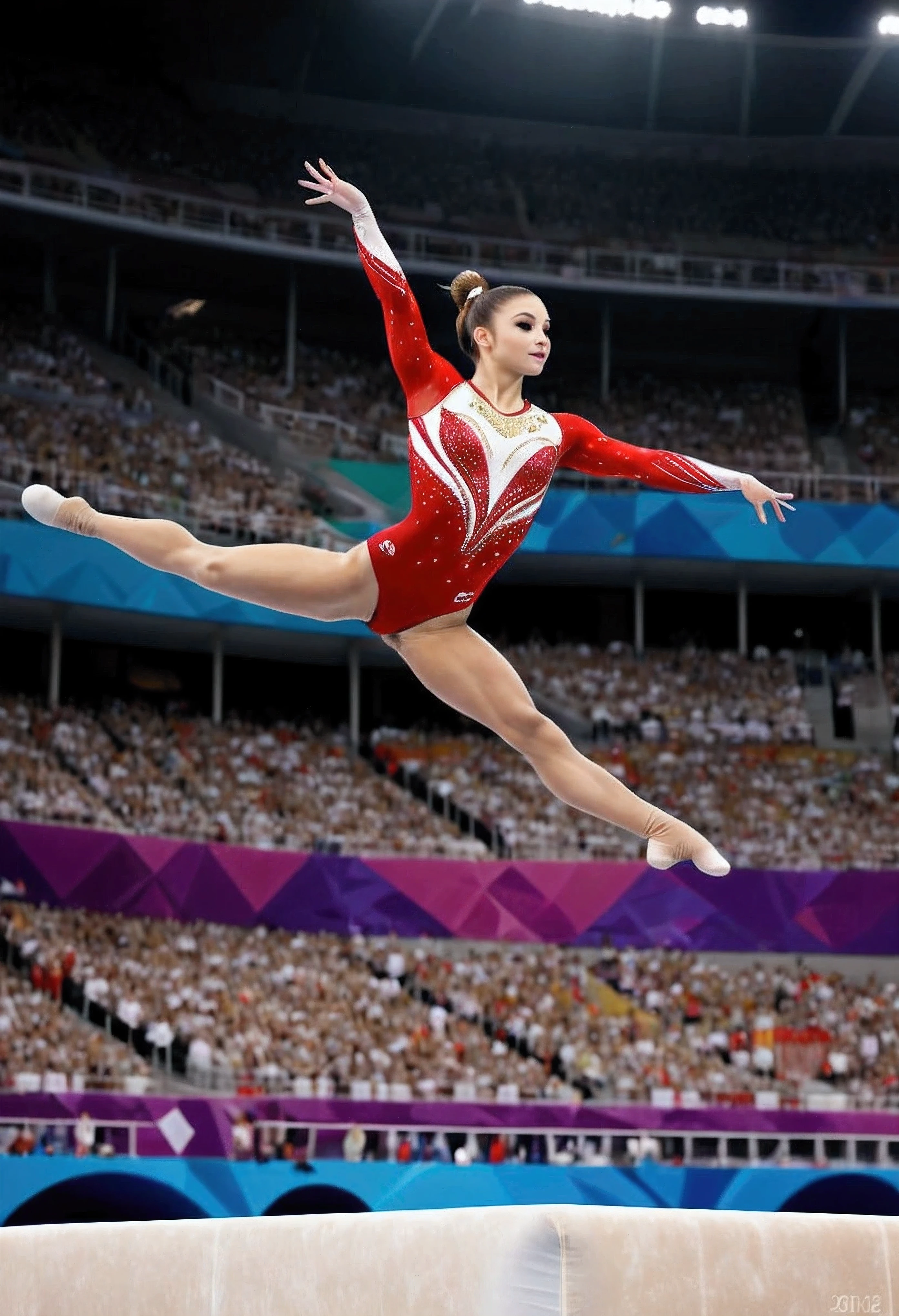 Create a high-definition image of female gymnasts performing a perfect jump. Visualize them with supermodel beauty, showcasing expressive eyes and joyful, proud expressions. They are dressed in their respective country's athletic uniforms, each adorned with their national colors and symbols. Their attire is neat and professional, reflecting their dedication and hard work. The scene is set in an Olympic stadium with a vibrant and energetic atmosphere. The background features the iconic Olympic rings, banners, and a cheering crowd. Capture the gymnasts in mid-air, with perfect form and grace, highlighting their full bodies to showcase the details of their uniforms and their athletic prowess. The overall ambiance should be festive and grand, with a focus on the gymnasts' achievements and the celebratory nature of the event. Ensure anatomical correctness, with detailed textures and high-quality rendering, capturing every nuance of the gymnasts' appearances and the Olympic setting. Keywords: (female gymnasts), (supermodel beauty), ((perfect jump):1.2), ((mid-air):1.1), (Olympic stadium), (celebratory atmosphere), ((Olympic aesthetics):1.3), ((athletic uniforms):1.1).