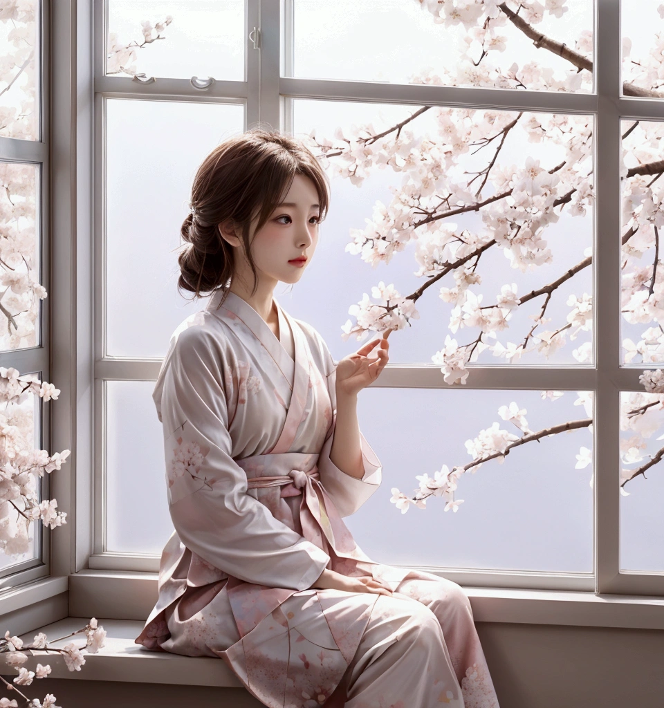 white　cherry blossoms　Window　blue sky　黄色のpale薄茶色の茶トラ猫　The pattern is brown　oil　pale　bright　pastel　pink　Faint rainbow color