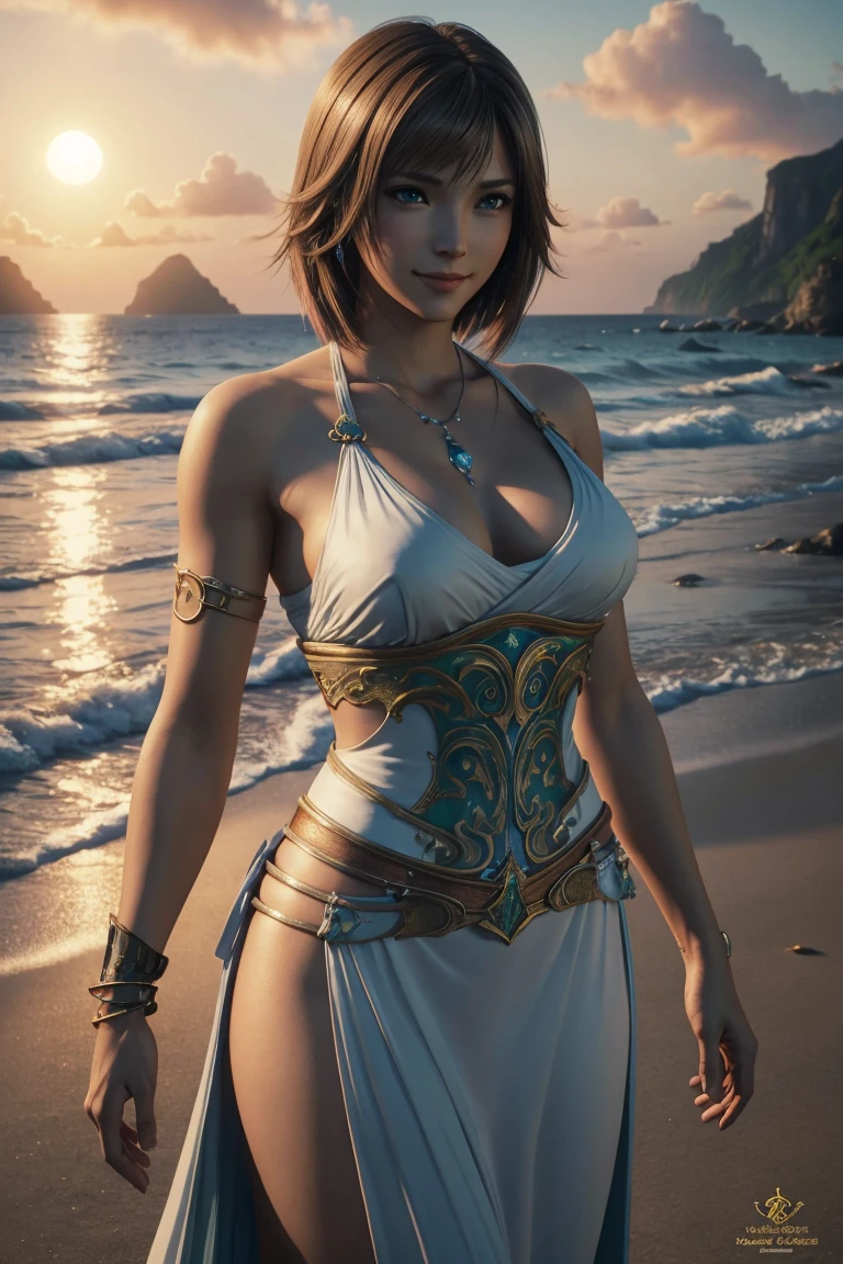 The best one,Yuna,Final Fantasy 10,FF10,Medium Hair,Brown hair,Let your bangs down,Beautiful green and blue odd eyes,,Beautiful and tall nose,Photorealistic,Ultra HD,high quality,masterpiece,Digital SLR,Detailed details,Intricate details,Anatomical basis,Depicted in detail,A detailed face,Realistic skin texture,Vivid details,Perfect Anatomy,Perfect Anatomy,Anatomically correct hand,Anatomically correct fingers,Super Detail,Complex 3D rendering,Huge ,Sexy pose,Final Fantasy 10の美しい世界,White long dress,Beautiful sunset,Beautiful beach at sunset,Fantastic beaches,Fantasy worldview,Picturesque,Pink Lips,smile,