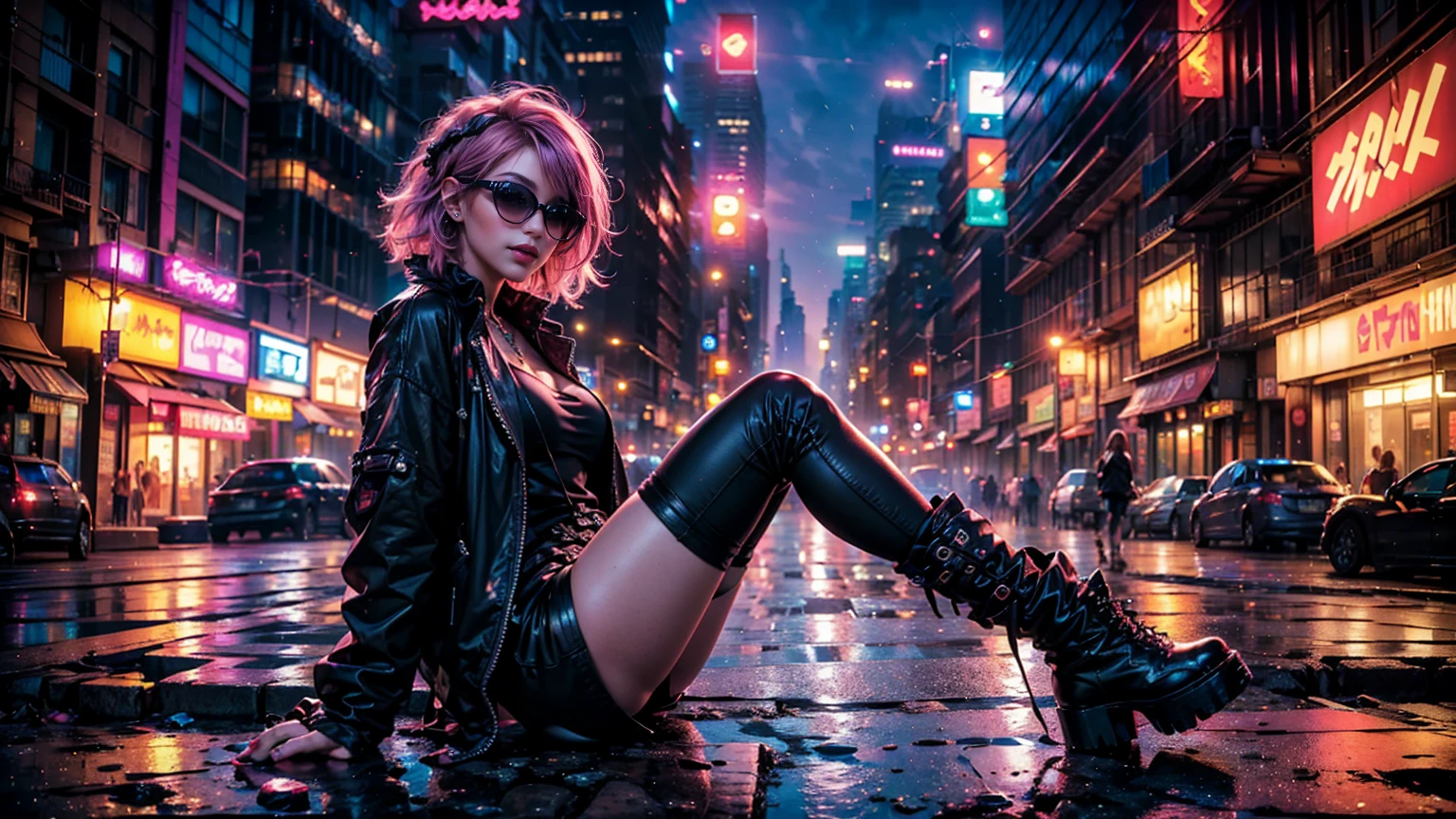((Imagine a sexy girl, vulgar, pink hair with purple highlights y con un peinado punk alocado, sexy deep red eyes, sensual smile, standing in an urban setting under the neon lights of the city. He is wearing an oversized black jacket, combined with a pastel satin blouse. shows her feminine and sexy attributes. on your feet, He wears black punk platform boots that reflect the city lights. In one hand, carries a fashionable canvas bag. Her red ink sunglasses have a futuristic design that gives her look a cyberpunk touch.. Her posture and expression reflect her confidence and fashionable style..,Wide plan, Whole body. sitting holding her knees, (raw photo, Best Quality), (realist, photo-realist:1.3), masterpiece, an extremely perfect and beautiful body, extremely detailed pale body, Best quality score, ultra dynamic fashionist sitting pose, close up, high view, fashion atmosphere, sitting model pose. pink hair with purple highlights