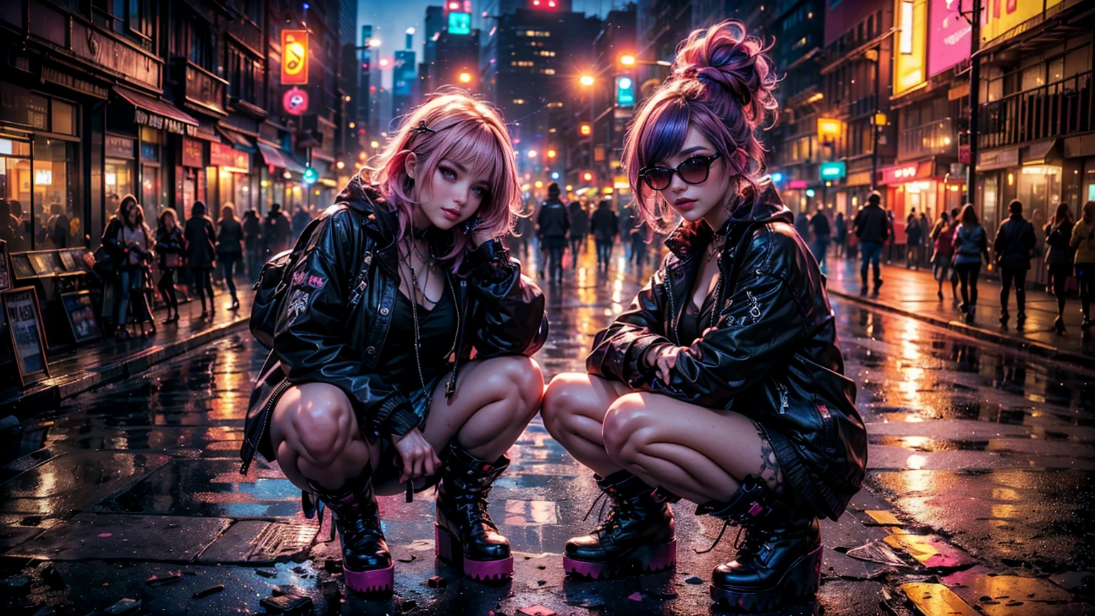 ((Imagine a sexy girl, vulgar, pink hair with purple highlights y con un peinado punk alocado, sexy deep red eyes, sensual smile, standing in an urban setting under the neon lights of the city. He is wearing an oversized black jacket, combined with a pastel satin blouse. shows her feminine and sexy attributes. on your feet, He wears black punk platform boots that reflect the city lights. In one hand, carries a fashionable canvas bag. Her red ink sunglasses have a futuristic design that gives her look a cyberpunk touch.. Her posture and expression reflect her confidence and fashionable style..,Wide plan, Whole body. sitting holding her knees, (raw photo, Best Quality), (realist, photo-realist:1.3), masterpiece, an extremely perfect and beautiful body, extremely detailed pale body, Best quality score, ultra dynamic fashionist sitting pose, close up, high view, fashion atmosphere, sitting model pose. pink hair with purple highlights