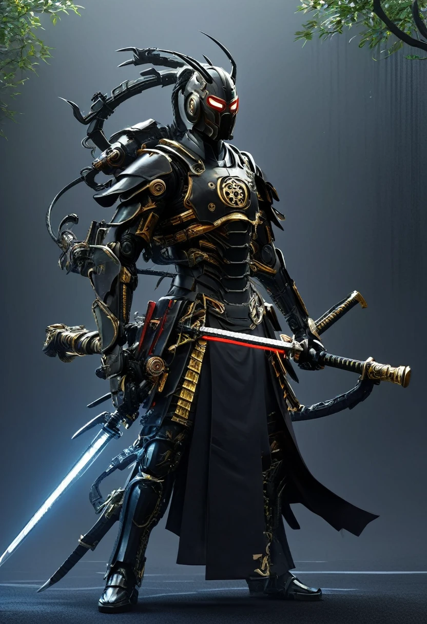araffe dressed in a black suit holding a sword and a sword, cyborg samurai, cyber japan samurai armor, cyberpunk samurai, very beautiful cyberpunk samurai, full samurai armor spiderman, bio - mechanical ninja samurai, portrait of a cyberpunk samurai, cyber japan style armor, cyber japan armor, celtic and cyberpunk armor, black bull samurai, intricate assasin mecha armor