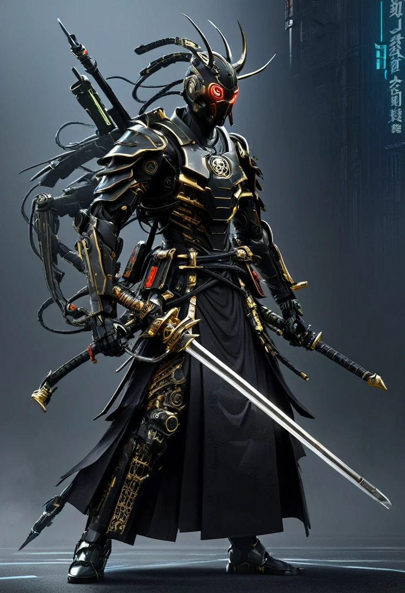 araffe dressed in a black suit holding a sword and a sword, cyborg samurai, cyber japan samurai armor, cyberpunk samurai, very beautiful cyberpunk samurai, full samurai armor spiderman, bio - mechanical ninja samurai, portrait of a cyberpunk samurai, cyber japan style armor, cyber japan armor, celtic and cyberpunk armor, black bull samurai, intricate assasin mecha armor