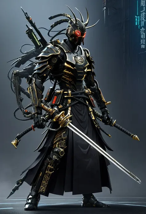 araffe dressed in a black suit holding a sword and a sword, cyborg samurai, cyber japan samurai armor, cyberpunk samurai, very b...