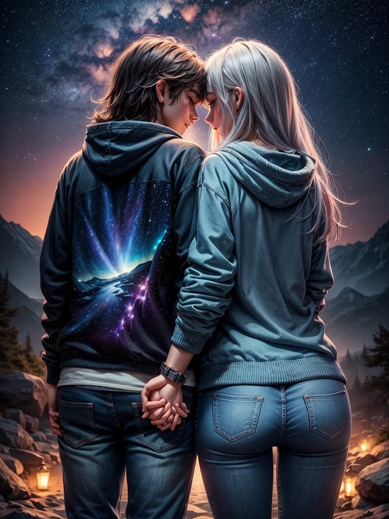 A night fantasy landscape where a couple has their backs turned, holding hands dressed in jeans and sweatshirts, looking at the beautiful night sky, where the stars and lights form the following text inside a heart: "A&D"