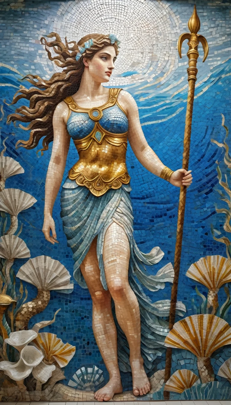 (8k, of the highest quality, masterpiece)，(realist, RAW Photos, Super fine clear), realist Light, mural, Beautiful mosaic girl, Beautiful mosaics, ((Greek mythology, Poseidon, ancient greek costume))