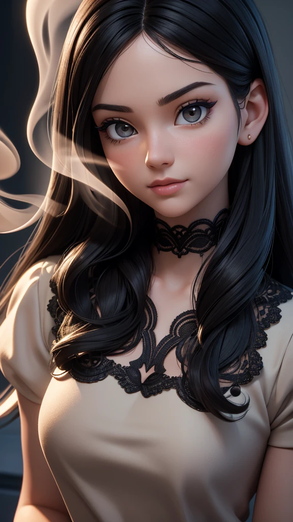 （masterpiece),((High quality)),(best beautiful:1.2),(work of art),((3D stereoscopic face)),8k resolution, (Disney-style), modern girl with a neutral face expression, close-up shot, directly facing the camera, straight long black hair, no blush, wearing a sleek black lace top, standing on a modern stage, looking directly at the camera, the background is blurry and mysterious, illuminated by light, neutral expression, artistic design, three dimensional, close-up view, ((The side is full of smoke)),