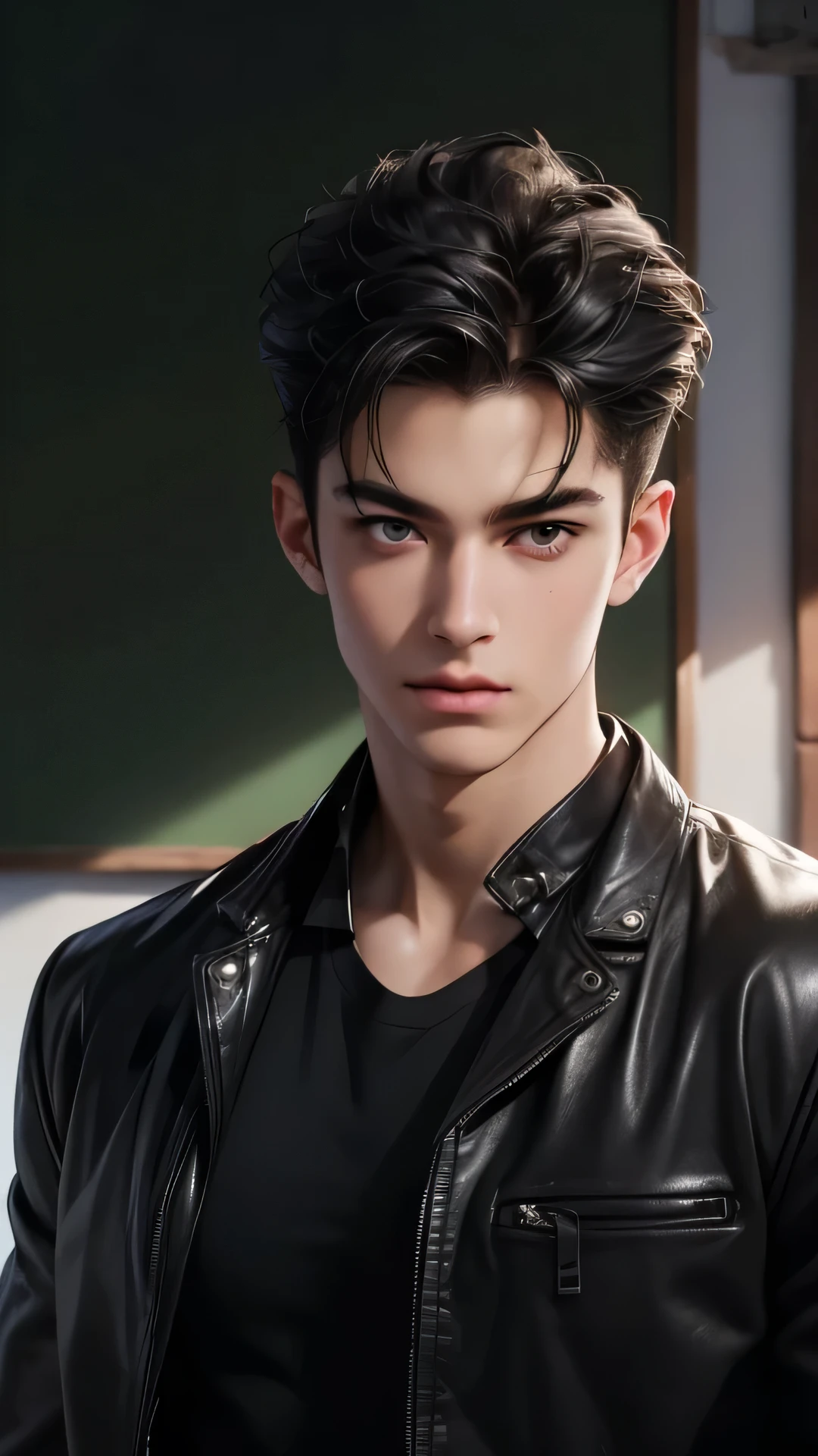 ((best qualityer)), ((work of art)), (detailded), ((face perfect)), ((fully body)) perfect proportions ,He is a handsome student, brawny, 18 years old, Bblack hair, topless student uniform, black leather jacket, hand in pocket, piercing, there is a background of a detailded school room with colorful vibe ((face perfect)) detailded scenery