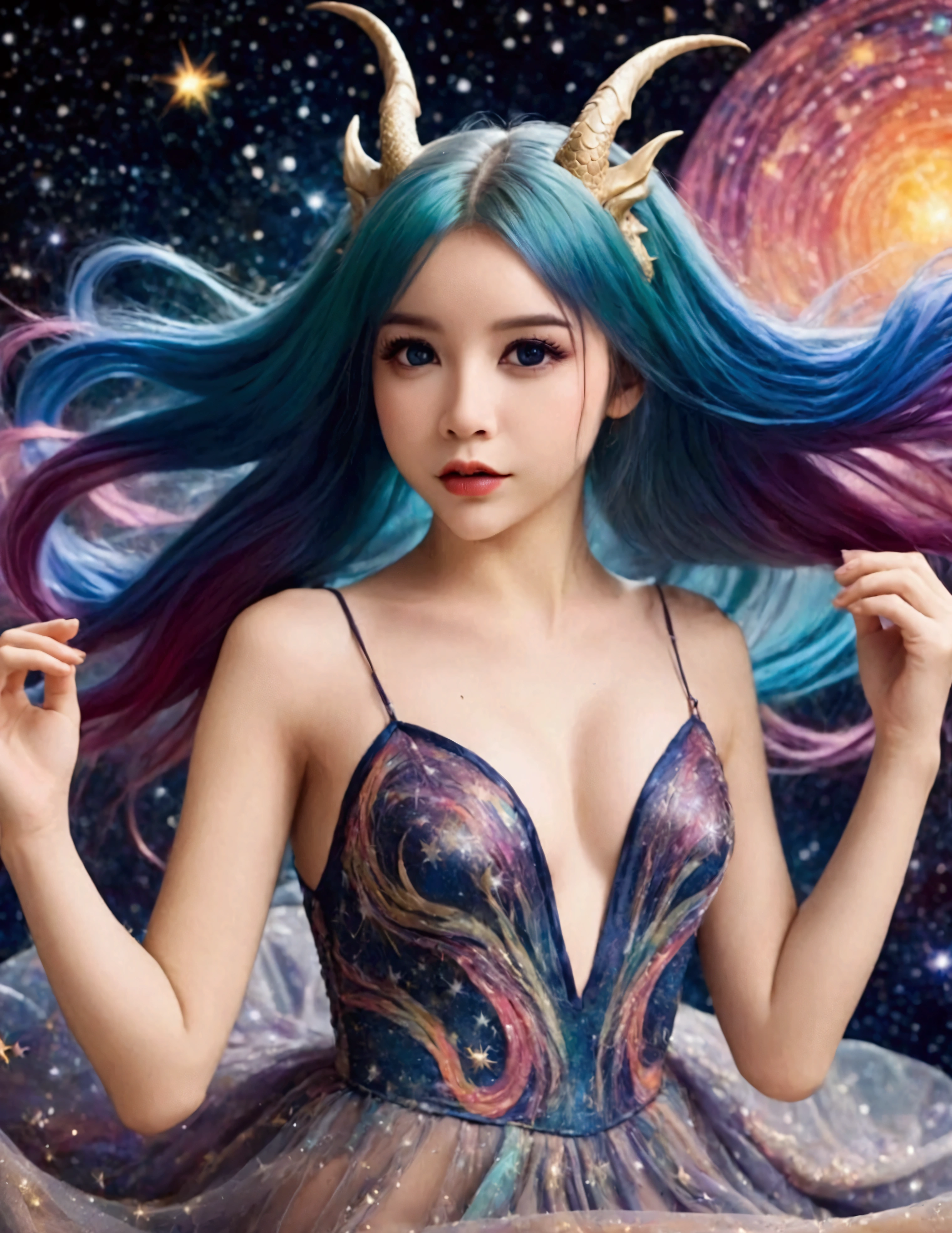 A lovely woman (age 25, sheer airy gown, dragon makeup, big eyes, colorful hair, dancing on a cosmic field of stars, trails of stardust and sparkles
