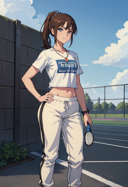 Masterpiece, high resolution, high quality, intricate details, anime girl, full body portrait, front view, 1girl, solo, 36 year old woman, attractive woman, mature face, mature beauty, brown hair, short ponytail, blue eyes, athletic body, medium breasts, curvy hips, arrogant smile, ((Wearing: White Gym T-shirt, Black Gym sweat pants, whistle necklace and black tennis shoes)), standing, hands on hips, looking at viewer, (Background: outdoors, school track field, blue sky, clouds in the sky),