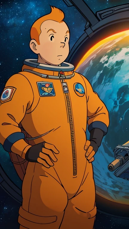 (Teens:1man: Tintin), (extremely detailed CG unit 8k wallpaper),(master part), (best quality), (ultra detali), (best illustration),(StudioGhibliStyleHMC), cowboy shot, (Sharp eyeliner, ombre, detailed eyes:1),Dark midnight derelict spaceship interiors background, ,break , (astronaut in an orange space suit), upper body, short hair, orange hair