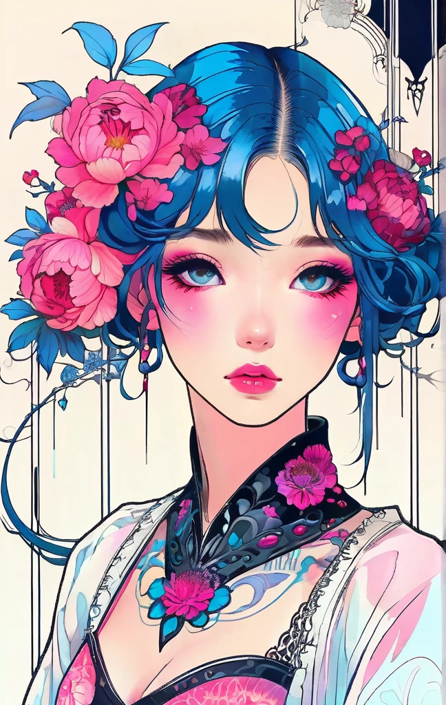A stunning anime girl with an intricate floral tattoo on her neck, exuding elegance and beauty.,in the style of neon realism, dark pink and light black, gothic art nouveau, anime-inspired character designs, dark white and indigo, bold yet graceful, cyberpunk manga, detailed costumes