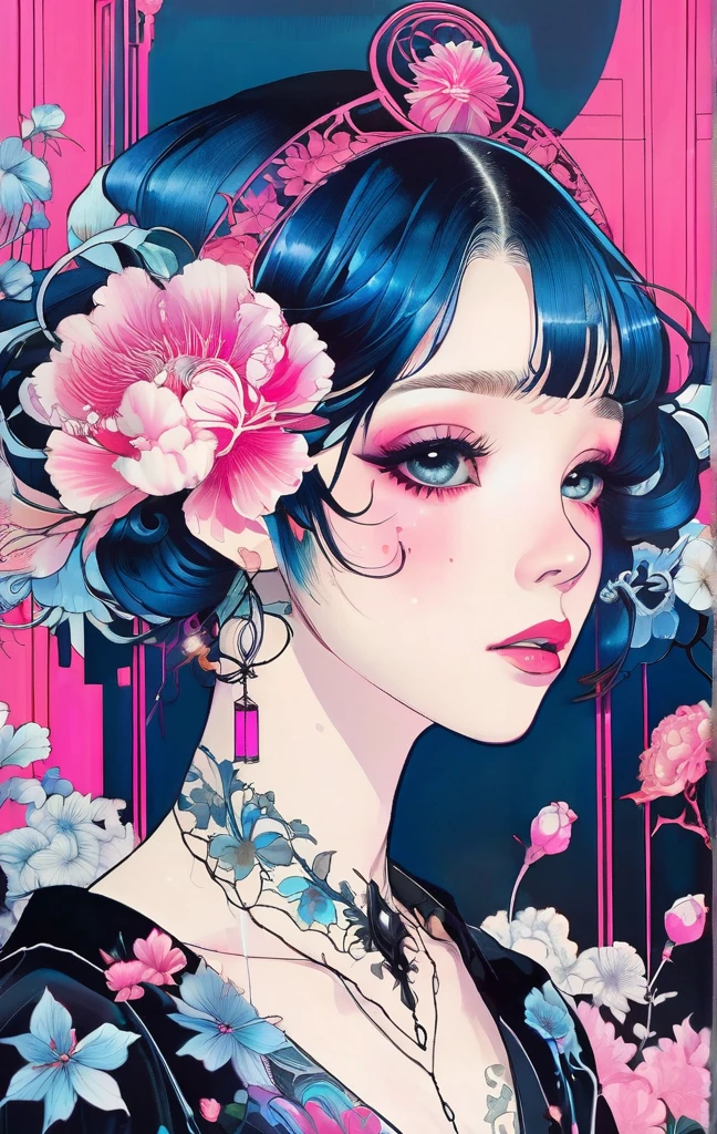 A stunning anime girl with an intricate floral tattoo on her neck, exuding elegance and beauty.,in the style of neon realism, dark pink and light black, gothic art nouveau, anime-inspired character designs, dark white and indigo, bold yet graceful, cyberpunk manga, detailed costumes