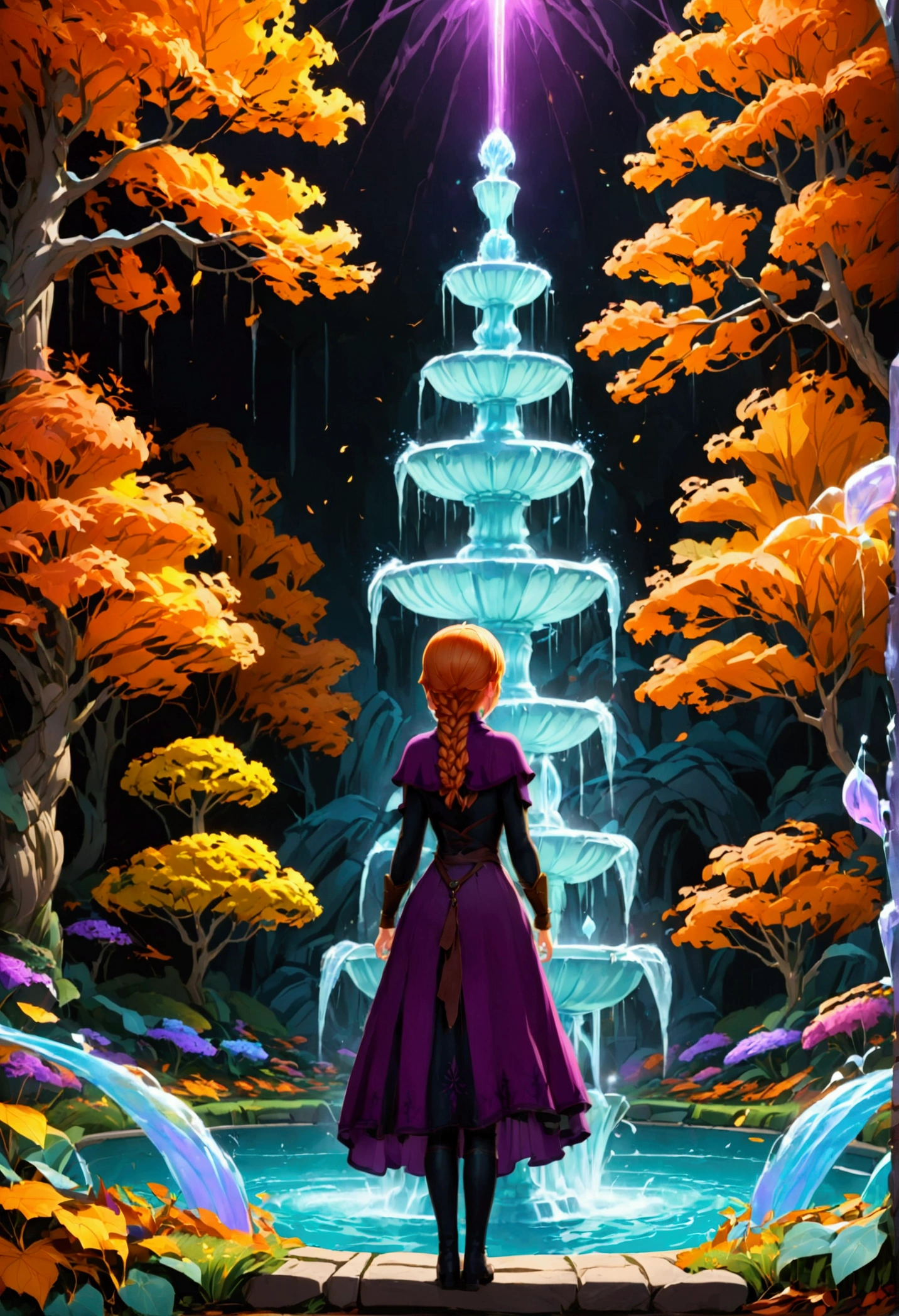 1 girl, Anna \(frozen\), Anna of arendelle, black boots, black tunic purple cloak, Alone, twin braids, braid, Orange hair, Upper part of the body, by the wide, wormlight, Alone, Disney, (back view, from behind:1.4), autumn, cheered up screenshot, fountain_cheered up, dramatic composition, cinematic dynamic action scene, vibrant colors, cinematic lighting, dramatic lighting, Best Quality, masterpiece, very aesthetic, perfect composition, intricate details, ultra detailed, big ass